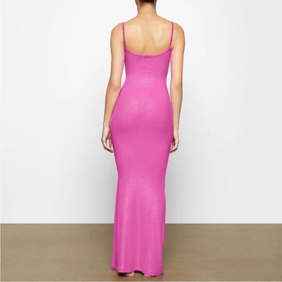 SKIMS | Ribbed Long Slip Maci Dress Fuchsia Foil Pink Shimmer Lounge Large - Picture 2 of 8